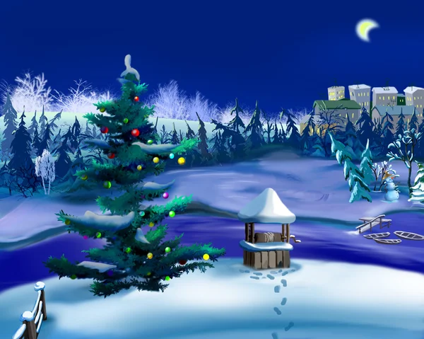 Christmas Tree in a Winter Night. New Year Scene
