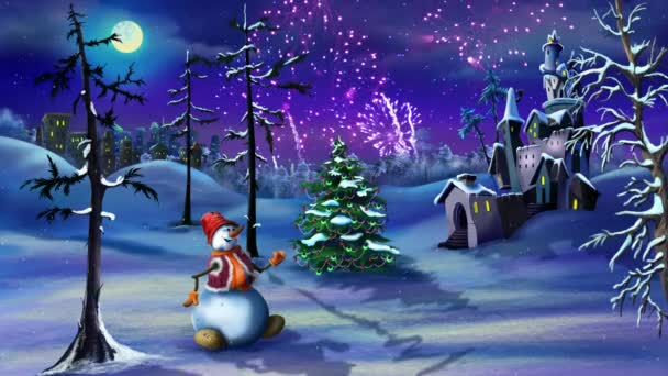 Новогодний праздник "Снеговик и елка" — стоковое видео
