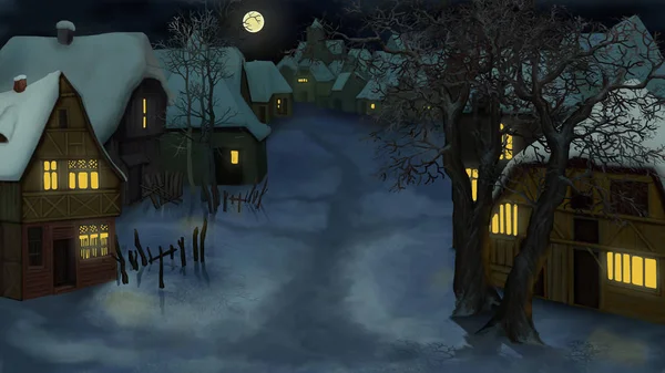 Paesaggio invernale di Old Dutch Village di notte — Foto Stock