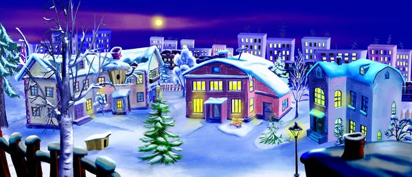 Παραμονή των Χριστουγέννων. Χειμωνιάτικη νύχτα σε μια μικρή πόλη — Φωτογραφία Αρχείου