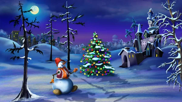 Snowman and Christmas Tree Near a Magic Castle — Stock Photo, Image