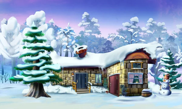 冬の森で素敵な家の近くの大きなトウヒ — ストック写真