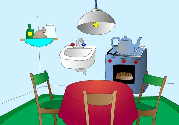 Kreskówka kuchnia na niebieskim tle — Zdjęcie stockowe