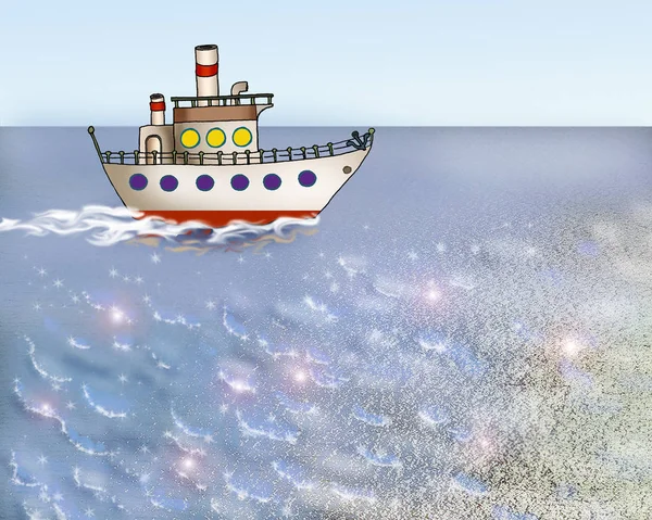 Pequeno navio dos desenhos animados no oceano calmo — Fotografia de Stock