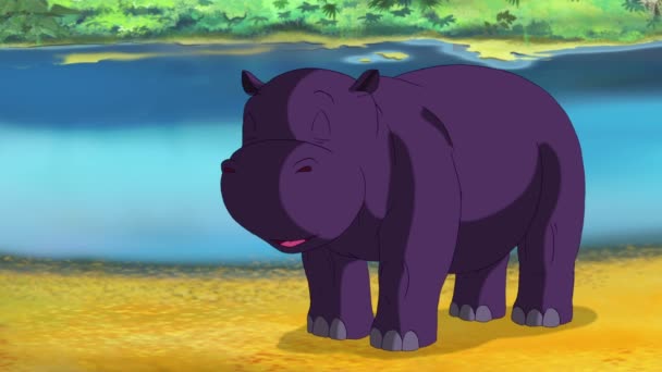 Little Violet Hippo acorda e Yawns — Vídeo de Stock