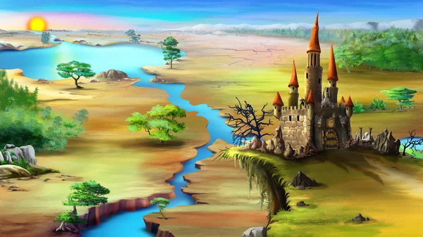 Krajina s vycházející slunce, modré řeky a magický hrad na ro — Stock fotografie