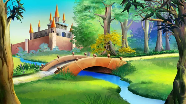 Landscape with fairy tale castle and small bridge over the river — Stock Photo, Image