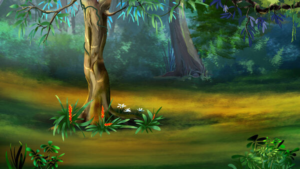 Tree trunk in the forest in a summer day. Bushes and Flowers. Digital Painting Background, Illustration in cartoon style character.