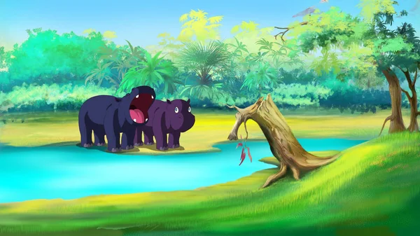 Два маленьких бегемота плывут по реке — стоковое фото