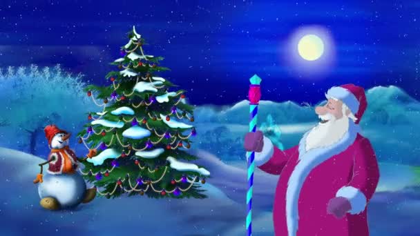 Papá Noel enciende un árbol de Navidad en la noche de luna — Vídeos de Stock