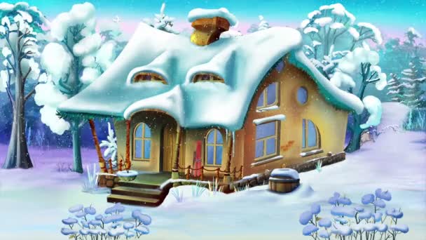 Litet Hus Vinter Skog Snöig Dag Handgjorda Animation Klassisk Tecknad — Stockvideo