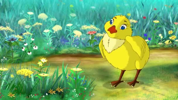 Żółty Kurczak Stoi Dziobnie Łące Kwiat Słoneczny Dzień Ręcznie Robione — Wideo stockowe