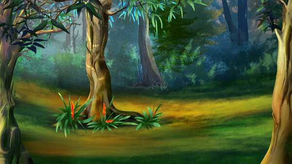 Large Tree in a Dense Forest in a Summer Day. Digital Painting Background, Illustration in cartoon style character.