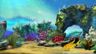 Küçük yalnız sarı balık bir akvaryumda yüzen. El yapımı animasyon, ilmekledi hareket grafik.