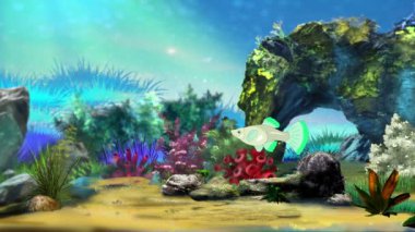 Yeşil guppy akvaryum balık bir akvaryumda yüzen. El yapımı animasyon, ilmekledi hareket grafik.