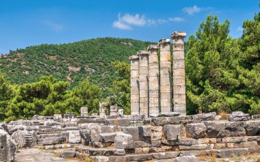 Güneşli bir yaz gününde, Türkiye 'nin Priene kentindeki Athena Polias Tapınağının kalıntıları