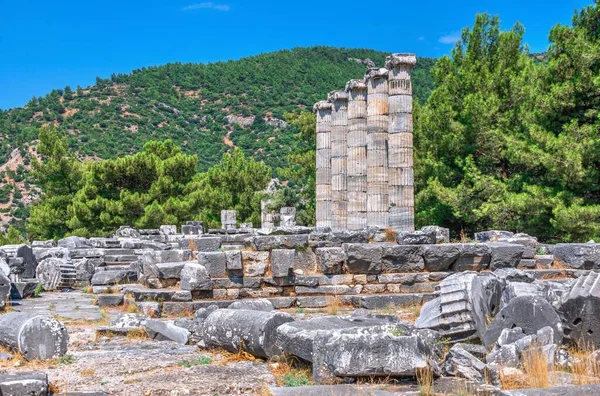 Ruinas Del Antiguo Templo Griego Priene Turquía Soleado Día Verano — Foto de Stock