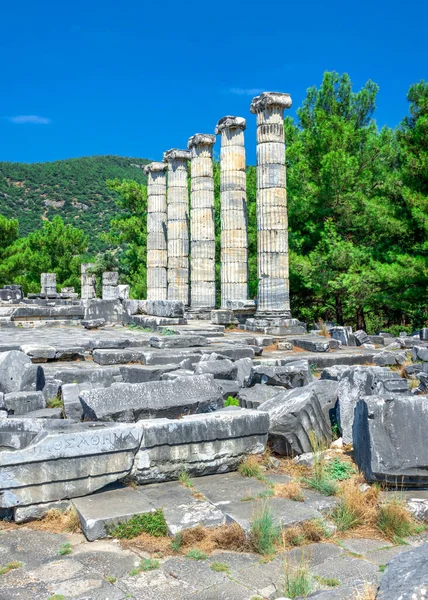 Ruiny Świątyni Athena Polias Starożytnym Mieście Priene Turcja Słoneczny Letni — Zdjęcie stockowe