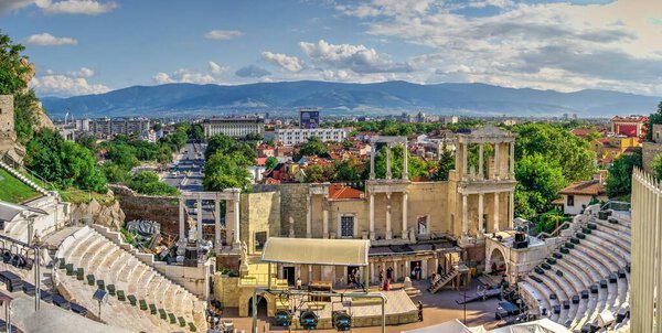 Plovdiv, Bulgaria - 07.24.2019. Ancient Roman amphitheater in Plovdiv, Bulgaria. Big size panoramic view on a sunny summer day