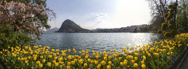 Lugano Švýcarsko Kvetoucího Parku Ciani Výhledem Záliv Lugano — Stock fotografie