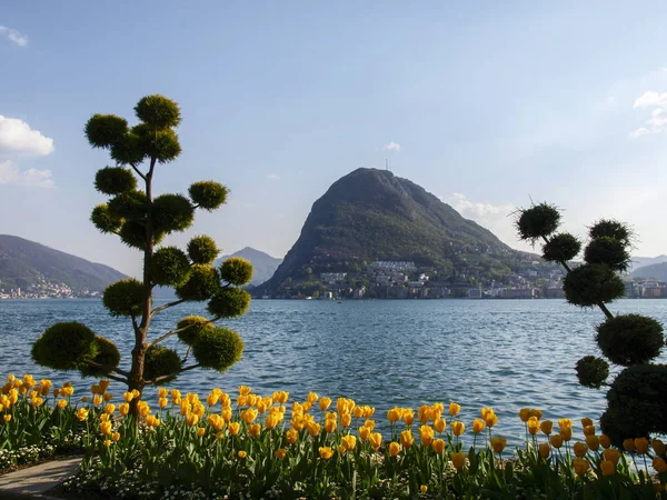 Lugano Suiza Parque Ciani Florecido Vista Del Golfo Lugano — Foto de Stock