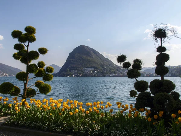 Lugano Svizzera Parco Ciani Fiorito Vista Sul Golfo Lugano — Foto Stock