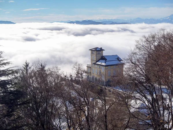 Lugano Monte Bre Panorama Med Dimma Dalen Nedanför — Stockfoto