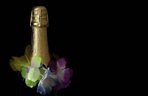 Champagne Bottle Color Flowers Black Background Celebration Holidays Christmas — Stock Photo, Image
