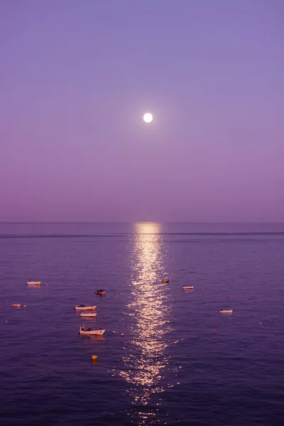 PAESAGGIO MARITTIMO CON LUNA ILLUMINAZIONE DEL MARE E DELLE BARCHE SULLA COSTA PORTOGALLO — Foto Stock