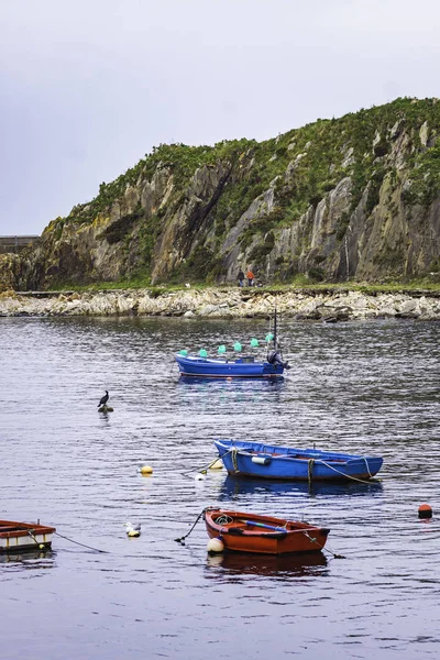 SEA LANDSCAPE WITH FISHING BOATS AND MOUNTAIN IN THE NORTH OF SPAIN — Stock Photo, Image