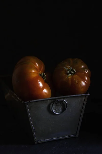 RED TOMATOES IN METAL CONTAINER ON DARK BACKGROUND — Stock Photo, Image