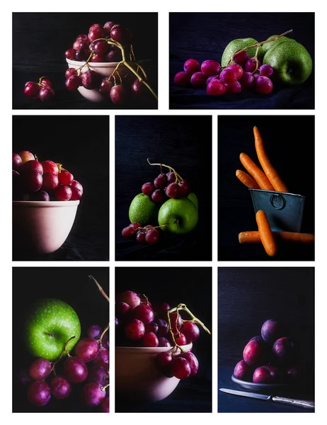 Collage van foto 's van verschillende vruchten. Gezond voedsel — Stockfoto