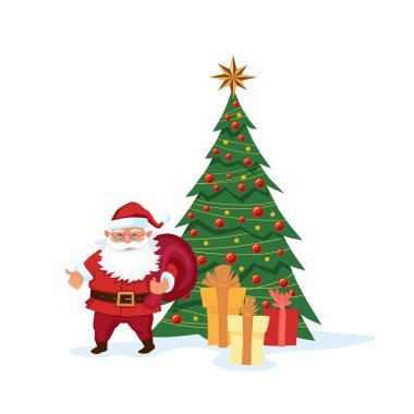 Christmas tree with toys and a star and a Christmas tree without toys. Red and yellow balls. Flat cartoon style.