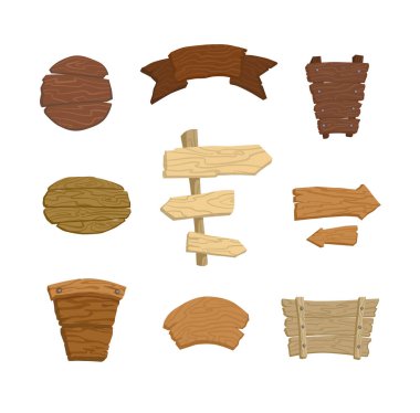 Ahşap işaretler, reklam panoları ve afişler. Farklı ahşap tonları, farklı ahşap dokuları. Düz çizgi film tarzı. Vektör illüstrasyonu.