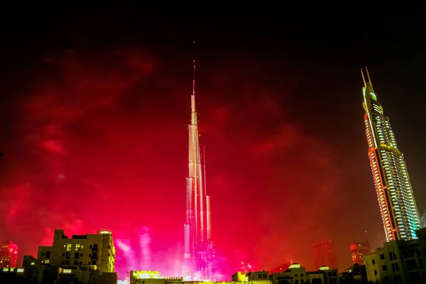 Взрыв Разноцветного Фейерверка Burj Khalifa Dubai Ночном Небе Новогодние Праздники — стоковое фото