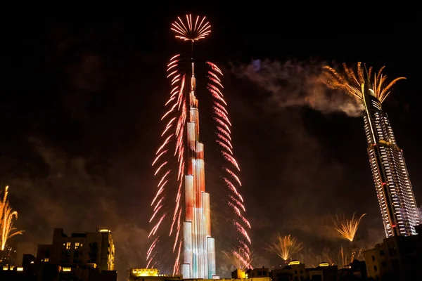 Dubai Vereinigte Arabische Emirate 2019 Explosion Von Buntem Feuerwerk Burj — Stockfoto