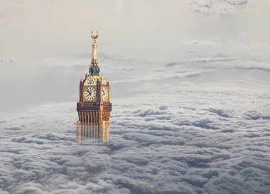 Above the clouds view of Abraj Al Bait Makkah Tower, (Royal Clock Tower Mecca), Saudi Arabia. Holy City of Mecca. clipart