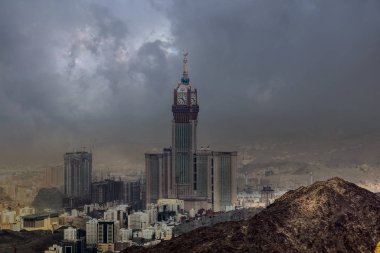 Skyline with Abraj Al Bait (Royal Clock Tower Makkah) in the Holy City of Mecca, Saudi Arabia. Saudi Arabia Skyscrapers clipart