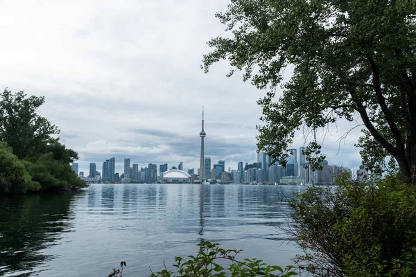 Toronto City gökdelenlerinin liman manzarası Cn Tower ve Rogers Centre ile birlikte, yazın Scarborough bölgeleri, Toronto Central Island, Toronto, Ontario, Kanada manzarası