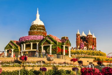 Güneşli bir günde 45 milyondan fazla çiçeğin bulunduğu Mucize Bahçesi 'nin Flourish Manzarası Dubai' de Çiçek Bahçesi, Uae