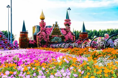 Güneşli bir günde 45 milyondan fazla çiçeğin bulunduğu Mucize Bahçesi 'nin Flourish Manzarası Dubai' de Çiçek Bahçesi, Uae