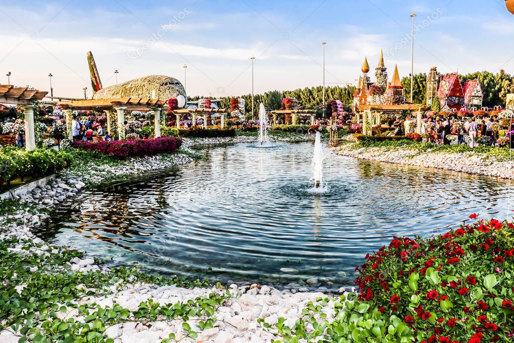 Beautiful Flourish Landscape of Miracle Garden with over 45 million flowers on a sunny day, Flower Garden in Dubai, UAE