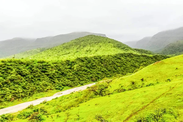 Saftig Grüne Landschaft Bäume Und Neblige Berge Ayn Khor Touristenort — Stockfoto