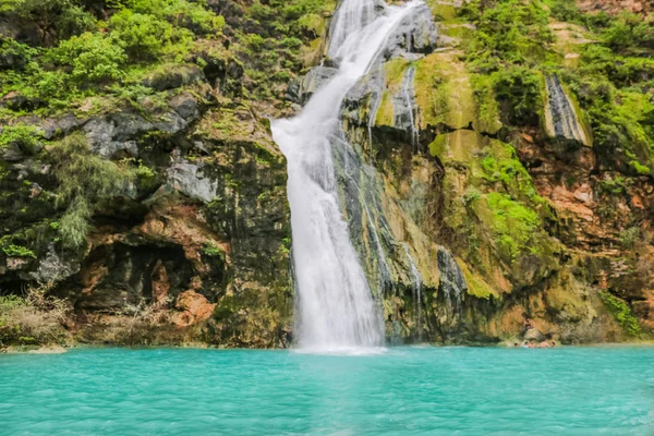 Ayn Khor 'daki şelale ve yemyeşil arazi, ağaçlar ve sisli dağlar turizm beldesi Salalah, Umman' da.