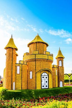 Güneşli bir günde 45 milyondan fazla çiçeğin bulunduğu Mucize Bahçesi 'nin Flourish Manzarası Dubai' de Çiçek Bahçesi, Uae