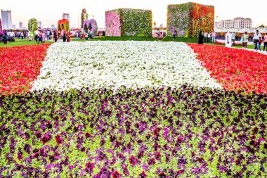 Güneşli bir günde 45 milyondan fazla çiçeğin bulunduğu Mucize Bahçesi 'nin Flourish Manzarası Dubai' de Çiçek Bahçesi, Uae