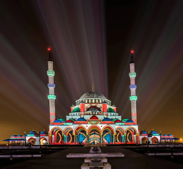 Sharjah Light Festival Laser Show Mesquita Sharjah Sharjah University City Fotos De Bancos De Imagens