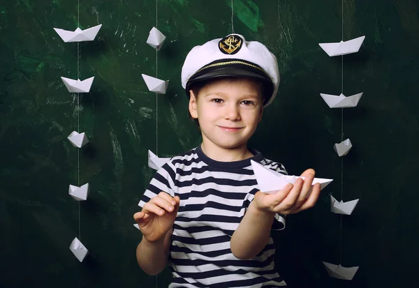 Portrait Cute Smiling School Boy Sailor Captain Look Hanging Paper — Stock Photo, Image