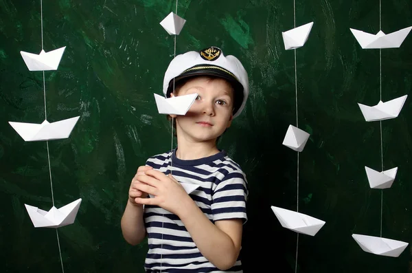 Funny Cute Boy Sailor Captain Look Stripes Singlet Frock Shirt — Stock Photo, Image