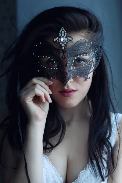 Mysterious Brunette Young Woman Blue Eyes Pink Lips Wearing Carnival Royalty Free Stock Images
